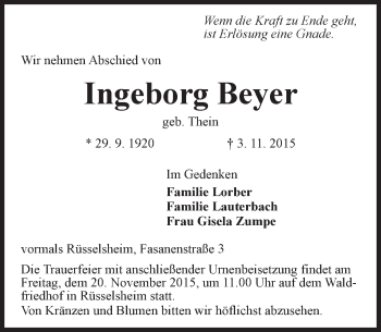 Traueranzeige von Ingeborg Beyer von  Mainspitze