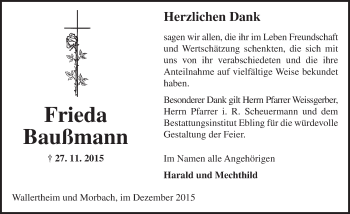Traueranzeige von Frieda Baußmann von  Allgemeine Zeitung Alzey