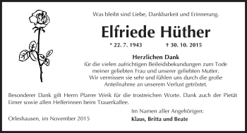 Traueranzeige von Elfriede Hüther von  Sonntags Anzeiger
