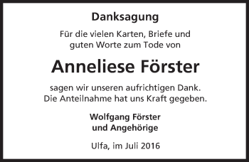 Traueranzeige von Anneliese Förster von  Sonntags Anzeiger