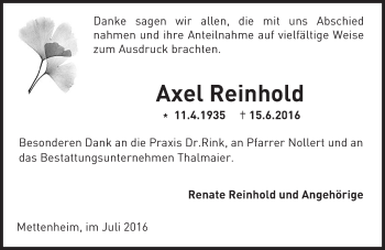 Traueranzeige von Axel Reinhold von Trauerportal Rhein Main Presse