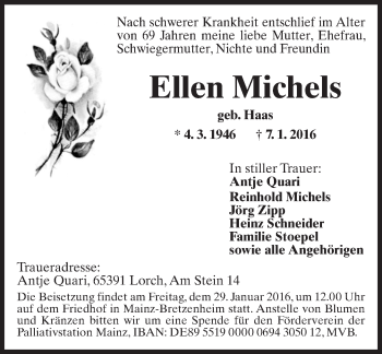 Traueranzeige von Ellen Michels von  Allgemeine Zeitung Mainz
