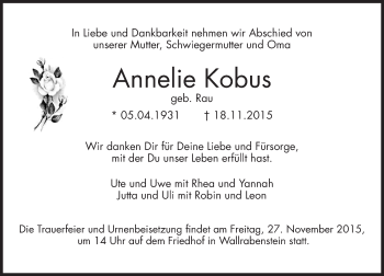 Traueranzeige von Annelie Kobus von  Idsteiner Zeitung