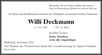 Traueranzeige von Willi Deckmann von  Kreisanzeiger