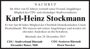 Traueranzeige von Karl-Heinz Stockmann von  Bürstädter Zeitung