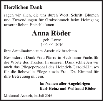 Traueranzeige von Anna Röder von Trauerportal Echo Online