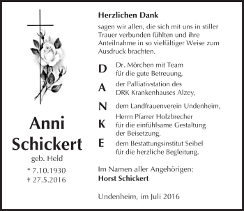 Traueranzeige von Anni Schickert von Trauerportal Rhein Main Presse