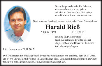 Traueranzeige von Harald Rieß von  Gelnhäuser Tageblatt Traueranzeige von Harald Rieß von  Gelnhäuser Tageblatt