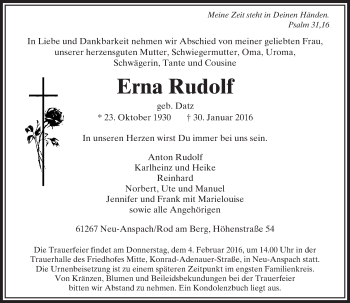 Traueranzeige von Erna Rudolf von  Usinger Anzeiger