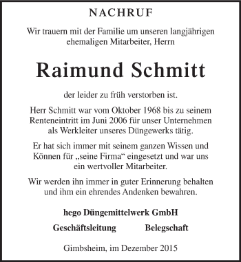 Traueranzeige von Raimund Schmitt von  Wormser Zeitung