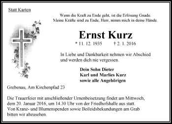 Traueranzeige von Ernst Kurz von VRM Trauer