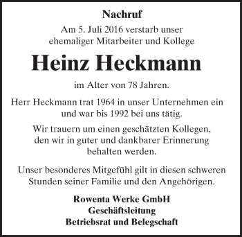 Traueranzeige von Heinz Heckmann von Trauerportal Echo Online