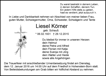 Traueranzeige von Liesel Körner von  WK-UTA/Aar-Bote