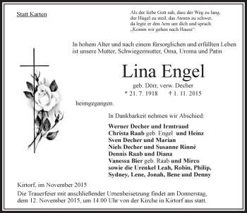 Traueranzeige von Lina Engel von VRM Trauer Traueranzeige von Lina Engel von VRM Trauer