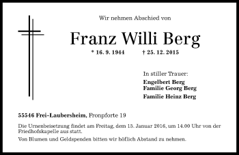 Traueranzeige von Franz Willi Berg von  Allg. Zeitung Bad Kreuznach