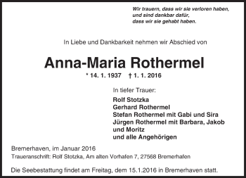 Traueranzeige von Anna Maria Rothermel von  Bürstädter Zeitung