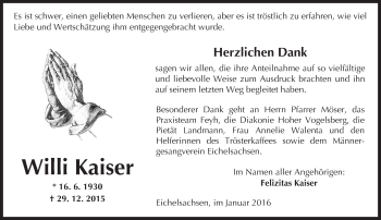 Traueranzeige von Willi Kaiser von  Sonntags Anzeiger