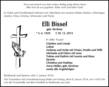 Traueranzeige von Elli Bissel von  Kreisanzeiger
