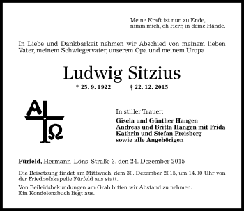 Traueranzeige von Ludwig Sitzius von  Allg. Zeitung Bad Kreuznach
