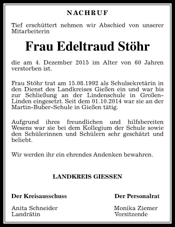 Traueranzeige von Edeltraud Stöhr von  Gießener Anzeiger