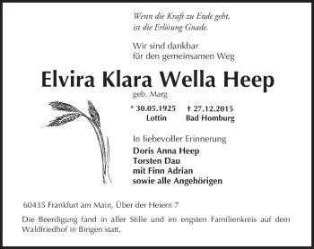 Traueranzeige von Elvira Klara Wella Heep von  Allgemeine  Zeitung Ingelheim-Bingen