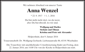 Traueranzeige von Anna Wenzel von VRM Trauer
