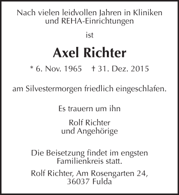 Traueranzeige von Axel Richter von  Gießener Anzeiger