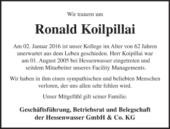 Traueranzeige von Ronald Koilpillai von trauer.rmp.de