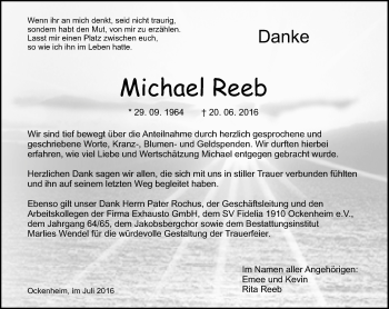 Traueranzeige von Michael Reeb von Trauerportal Rhein Main Presse