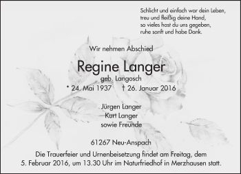 Traueranzeige von Regine Langer von  Usinger Anzeiger