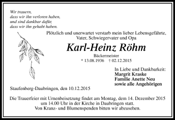 Traueranzeige von Karl-Heinz Röhm von  Gießener Anzeiger