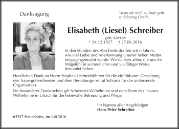 Traueranzeige von Elisabeth Schreiber von Trauerportal Rhein Main Presse