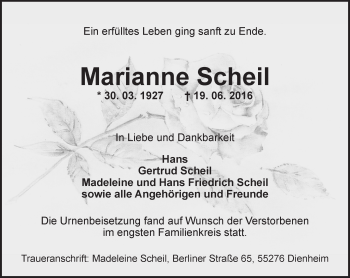 Traueranzeige von Marianne Scheil von Trauerportal Rhein Main Presse
