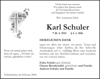 Traueranzeige von Karl Schuler von  Allgemeine Zeitung Alzey