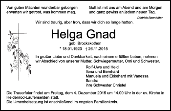 Traueranzeige von Helga Gnad von  WK-UTA/Aar-Bote