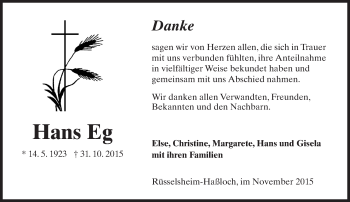 Traueranzeige von Hans Eg von  Mainspitze