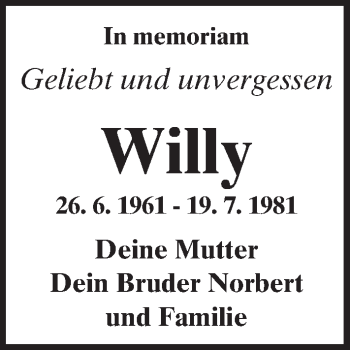Traueranzeige von Willy  von  Kreisanzeiger