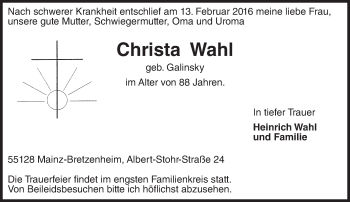 Traueranzeige von Christa Wahl von  Allgemeine Zeitung Mainz
