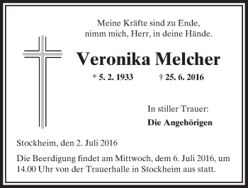Traueranzeige von Veronika Melcher von  Kreisanzeiger