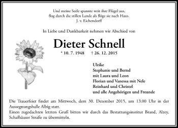 Traueranzeige von Dieter Schnell von  Allgemeine Zeitung Alzey