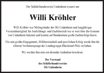 Traueranzeige von Willi Kröhler von Trauerportal Rhein Main Presse