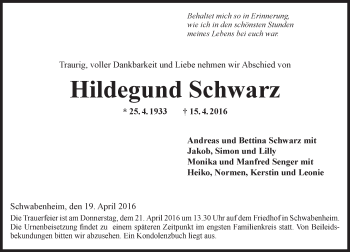 Traueranzeige von Hildegund Schwarz von  Allgemeine  Zeitung Ingelheim-Bingen