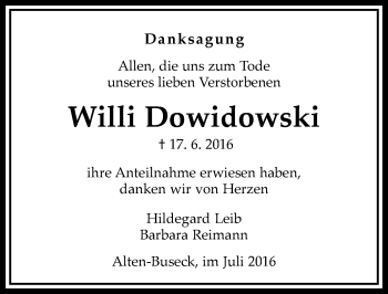 Traueranzeige von Willi Dowidowski von  Gießener Anzeiger