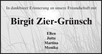 Traueranzeige von Birgit Zier-Grünsch von  Gelnhäuser Tageblatt Traueranzeige von Birgit Zier-Grünsch von  Gelnhäuser Tageblatt