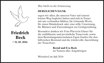 Traueranzeige von Friedrich Beck von Trauerportal Rhein Main Presse