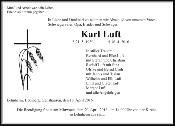 Traueranzeige von Karl Luft von  Gießener Anzeiger