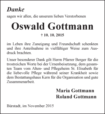 Traueranzeige von Oswald Gottmann von  Bürstädter Zeitung