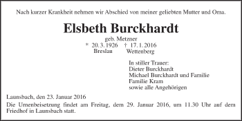 Traueranzeige von Elsbeth Burckhardt von  Gießener Anzeiger