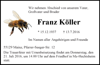 Traueranzeige von Franz Köller von Trauerportal Rhein Main Presse