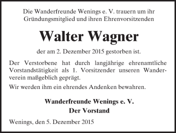 Traueranzeige von Walter Wagner von  Kreisanzeiger